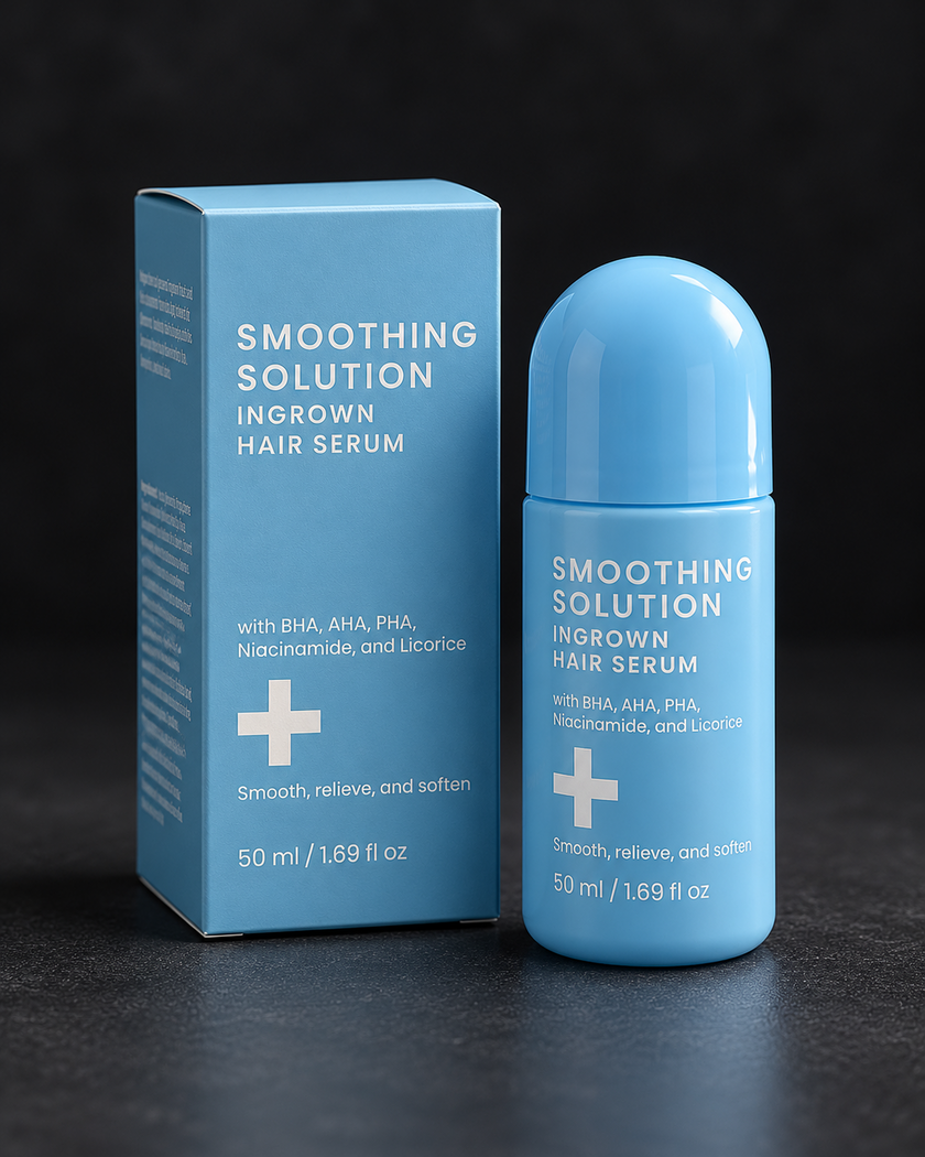 Illustration of a capped sky-blue roll-on bottle beside a blue carton on dark stone