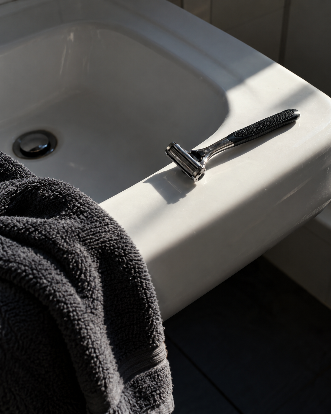 A razor on the edge of a porcelain sink beside a dark towel, lit by directional sunlight.