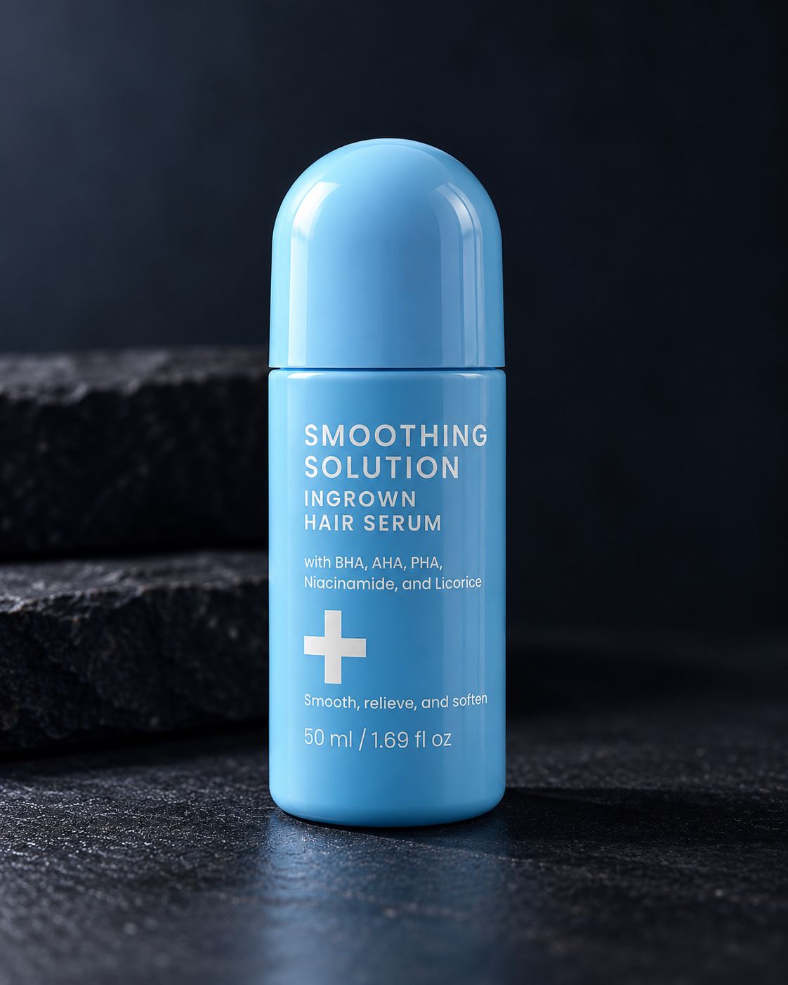 Illustration of a capped sky-blue roll-on bottle standing on dark stone