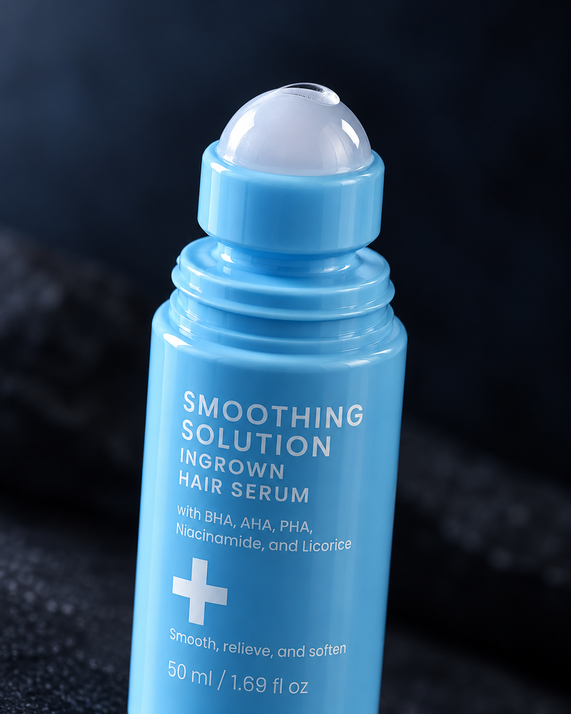Illustrative close-up of the roller applicator on an uncapped sky-blue bottle