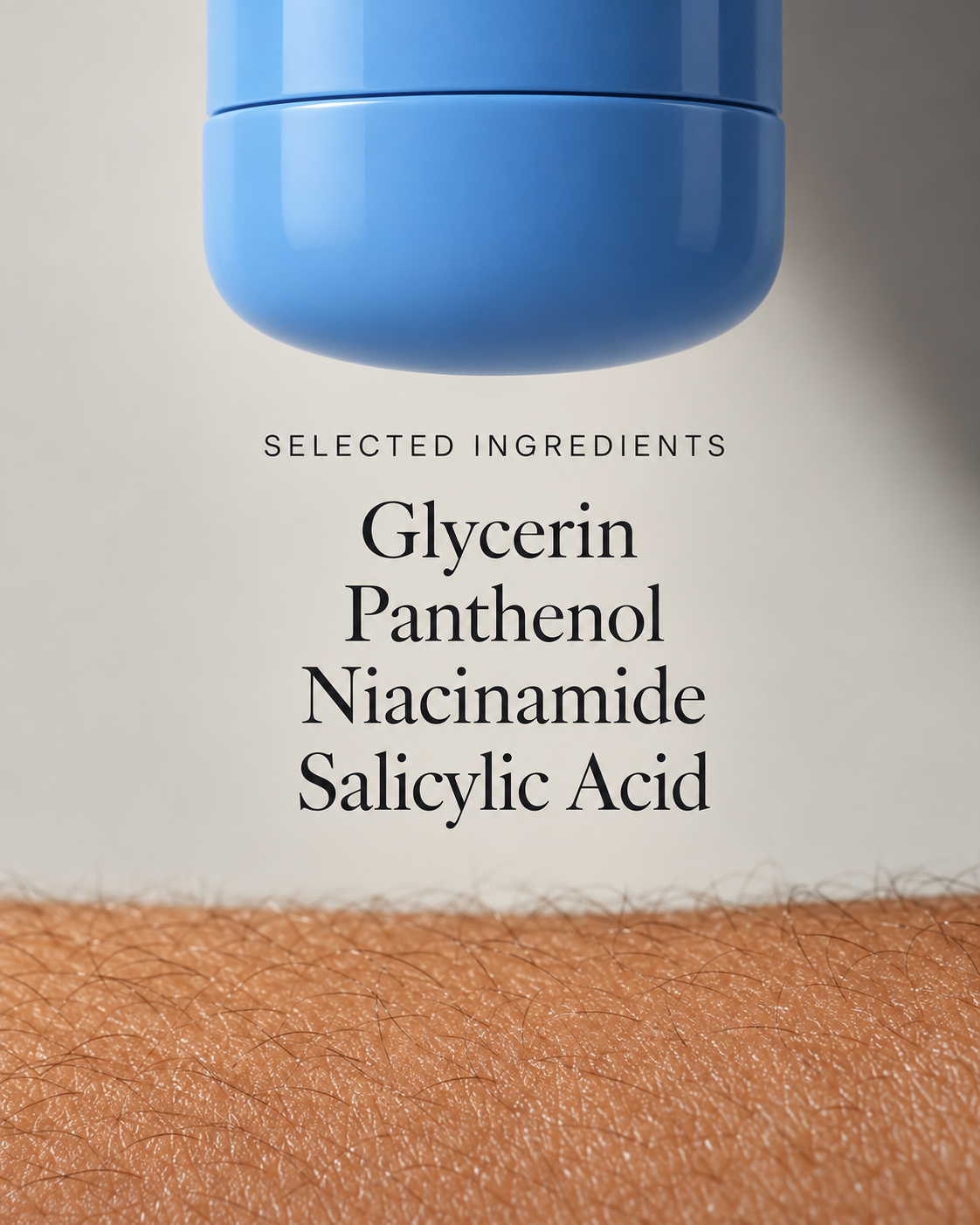 Styled visual of the roll-on above four ingredient names from its ingredient list: glycerin, panthenol, niacinamide and salicylic acid