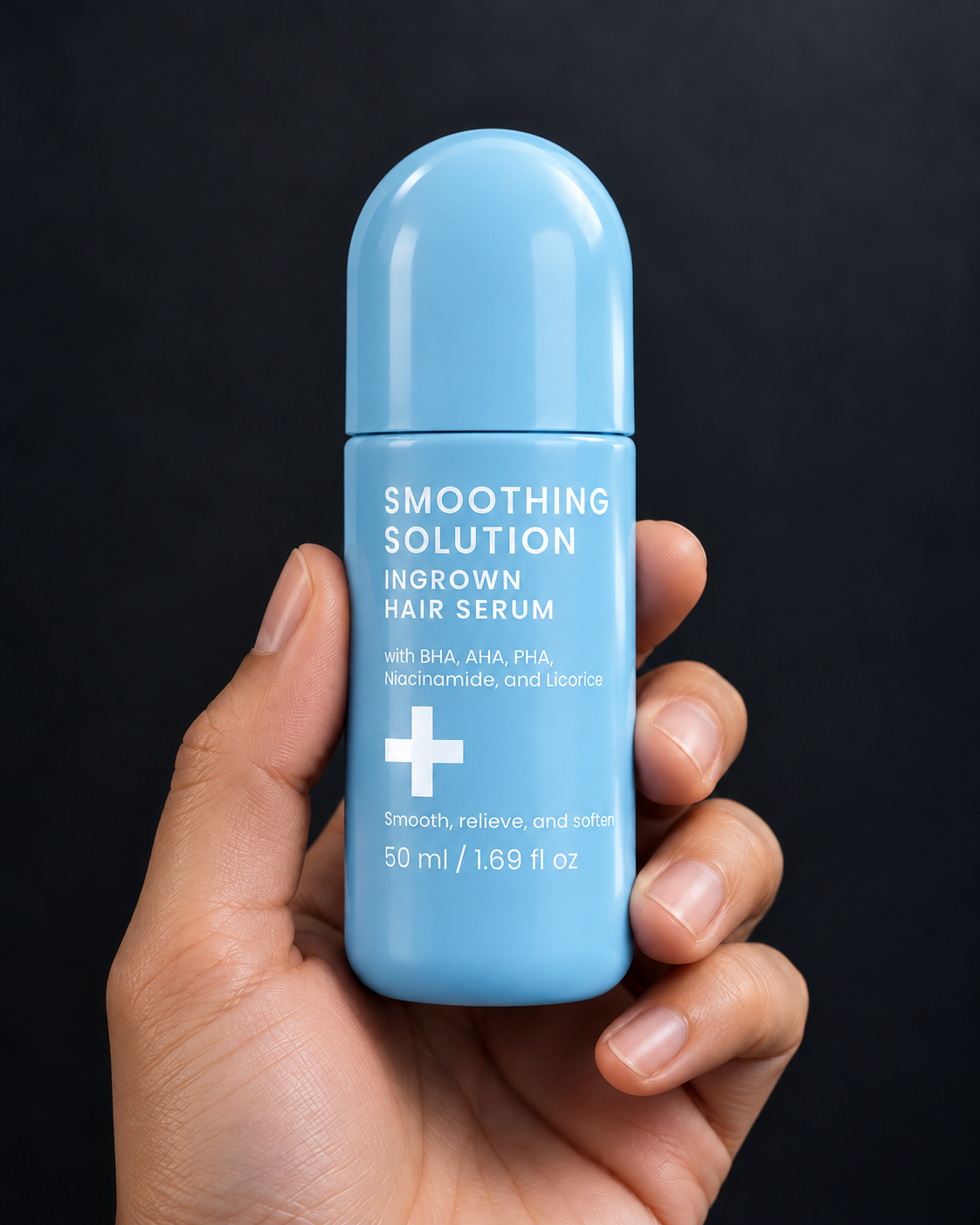 Illustration of a hand holding a capped sky-blue roll-on bottle against a charcoal background